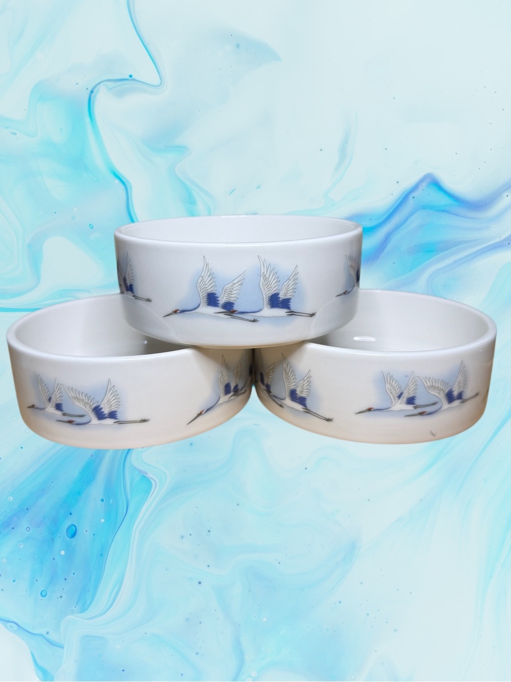 3 Snow Bone China Flying Cranes Haeng Nam Sa Fashion Ware Bowls Korea EUC